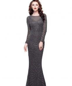 Primavera Couture - 1996 Long Sleeve Sheer Beaded Sheath Gown