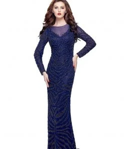 Primavera Couture - 1996 Long Sleeve Sheer Beaded Sheath Gown