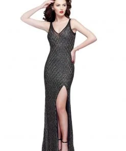 Primavera Couture - 3017 Beaded Illusion V-neck Sheath Dress Formal Gowns