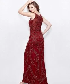 Formal Gowns Primavera Couture - 3037 Beaded Jewel Neck Sheath Dress