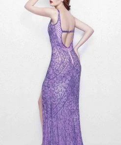 Primavera Couture - 3040 Shimmering Beaded Gown With High Slit Formal Gowns