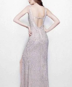 Primavera Couture - 3040 Shimmering Beaded Gown With High Slit Formal Gowns