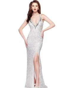 Primavera Couture - 3060 Deep V-Neck Sequined Strappy Back Gown