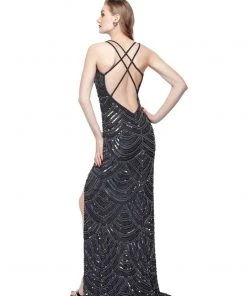Primavera Couture - 3060 Deep V-Neck Sequined Strappy Back Gown 9 Primavera Couture - 3060 Deep V-Neck Sequined Strappy Back Gown