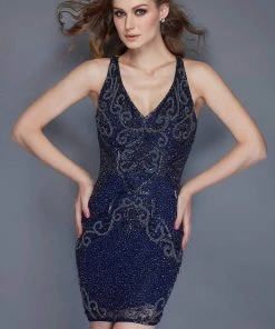 Primavera Couture - 3112 Bedazzled Plunging V-neck Sheath Dress