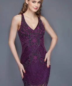 Primavera Couture - 3112 Bedazzled Plunging V-neck Sheath Dress