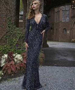 Primavera Couture - 3171 Geometric Sequined Long Sleeve Gown