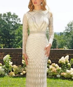 Primavera Couture - 3172 High Neck Beaded Long Sleeve Sheath Gown Formal Gowns