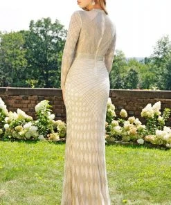 Primavera Couture - 3172 High Neck Beaded Long Sleeve Sheath Gown Formal Gowns