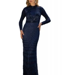 Primavera Couture - 3172 High Neck Beaded Long Sleeve Sheath Gown Formal Gowns