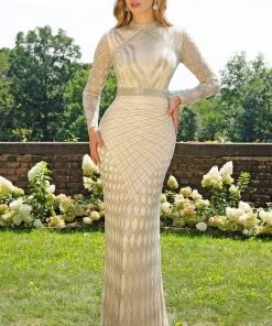 Primavera Couture - 3172 High Neck Beaded Long Sleeve Sheath Gown Formal Gowns