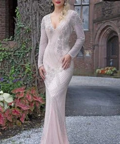 Formal Gowns Primavera Couture - 3189 Bead Embellished Long Sleeves Gown