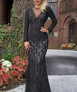 Primavera Couture - 3192 Sequined Long Sleeves Sheath Gown