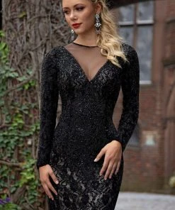 Primavera Couture - 3192 Sequined Long Sleeves Sheath Gown