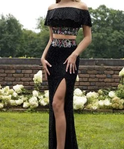 Primavera Couture - 3215 Two-Piece Floral Sequined Off Shoulder Gown 12 Primavera Couture - 3215 Two-Piece Floral Sequined Off Shoulder Gown