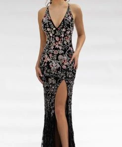 Primavera Couture - 3221 Floral Embellished Backless Sheath Gown