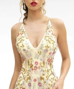 Primavera Couture - 3221 Floral Embellished Backless Sheath Gown