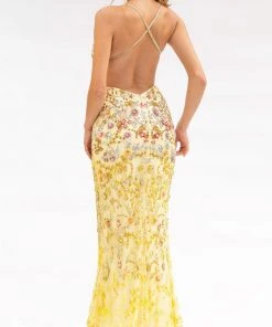 Primavera Couture - 3221 Floral Embellished Backless Sheath Gown