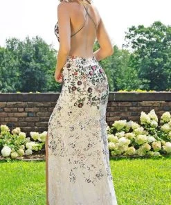 Primavera Couture - 3221 Floral Embellished Backless Sheath Gown