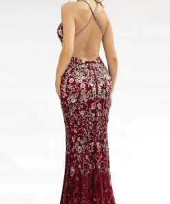 Primavera Couture - 3221 Floral Embellished Backless Sheath Gown