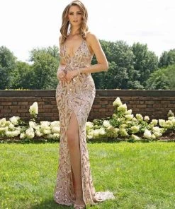 Formal Gowns Primavera Couture - 3223 Strappy Plunging V Neck Gown With Slit