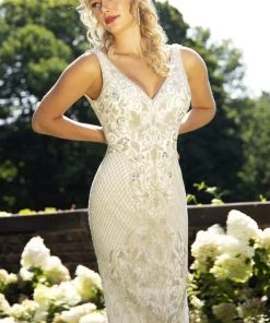 Primavera Couture - 3232 Bedazzled Plunging V-neck Sheath Dress Formal Gowns