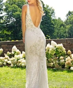 Primavera Couture - 3232 Bedazzled Plunging V-neck Sheath Dress Formal Gowns