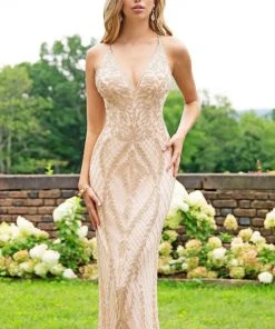 Primavera Couture - 3236 Embellished Plunging V-neck Sheath Dress