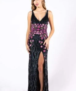 Formal Gowns Primavera Couture - 3238 Floral Embellished V-neck Sheath Dress