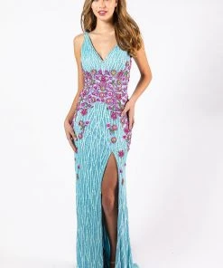 Formal Gowns Primavera Couture - 3238 Floral Embellished V-neck Sheath Dress