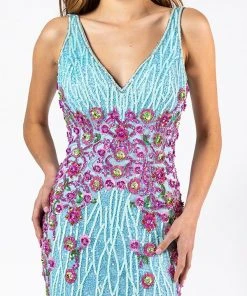 Formal Gowns Primavera Couture - 3238 Floral Embellished V-neck Sheath Dress