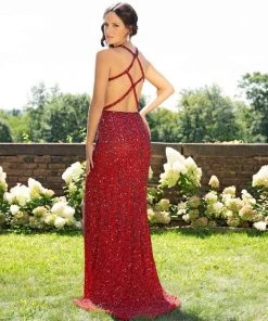 Formal Gowns Primavera Couture - 3241 Sequined Halter Sheath Dress With Slit