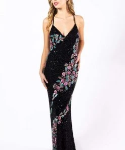 Primavera Couture - 3243 Vibrant Contrast Floral Beaded Gown Formal Gowns