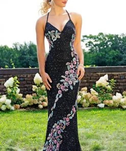Primavera Couture - 3243 Vibrant Contrast Floral Beaded Gown Formal Gowns