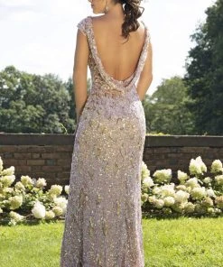 Primavera Couture - 3254 Cowl Back Cap Sleeve Sequined Gown