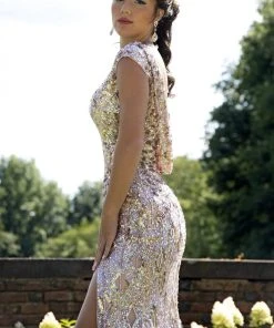 Primavera Couture - 3254 Cowl Back Cap Sleeve Sequined Gown