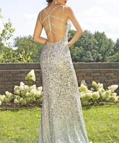 Formal Gowns Primavera Couture - 3255 Multicolored Sequined V-neck Sheath Dress 12 Formal Gowns Primavera Couture - 3255 Multicolored Sequined V-neck Sheath Dress