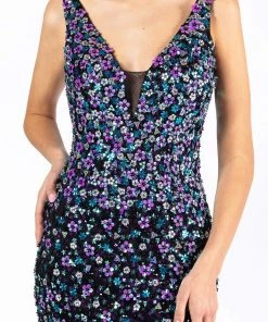 Primavera Couture - 3256 Floral Sequined Deep V-neck Sheath Dress Formal Gowns 10 Primavera Couture - 3256 Floral Sequined Deep V-neck Sheath Dress Formal Gowns