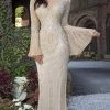 Primavera Couture - 3284 Embellished Long Bell Sleeve Bateau Dress