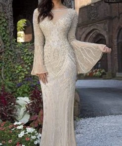 Primavera Couture - 3284 Embellished Long Bell Sleeve Bateau Dress