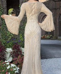 Primavera Couture - 3284 Embellished Long Bell Sleeve Bateau Dress