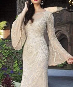 Primavera Couture - 3284 Embellished Long Bell Sleeve Bateau Dress
