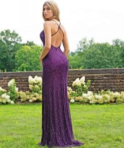 Formal Gowns Primavera Couture - 3296 Sequin Textured High Slit Sheath Gown