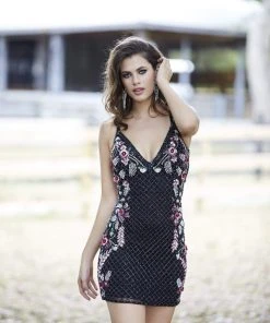 Cocktail Dresses Primavera Couture - 3302 V-Neckline Embellished Sheath Dress