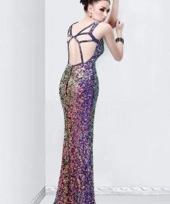 Primavera Couture - 9500 Sparkling V-Neck Cutout Evening Dress Formal Gowns