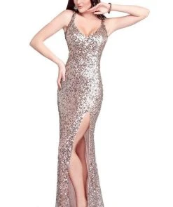 Primavera Couture - 9500 Sparkling V-Neck Cutout Evening Dress Formal Gowns
