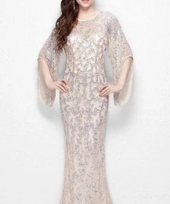 Formal Gowns Primavera Couture - 9713 Sequin Flared Sleeve Long Sheath Formal Gown - 1 Pc White In Size 22 Available