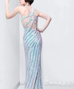 Formal Gowns Primavera Couture - 9830 V-Neck Sequined Striped Evening Gown