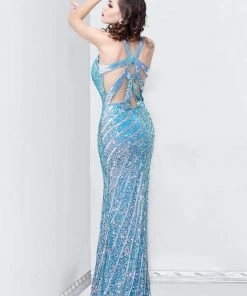 Formal Gowns Primavera Couture - 9830 V-Neck Sequined Striped Evening Gown