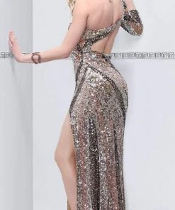 Formal Gowns Primavera Couture - 9869 One-Sleeve Sequined Striped Evening Gown